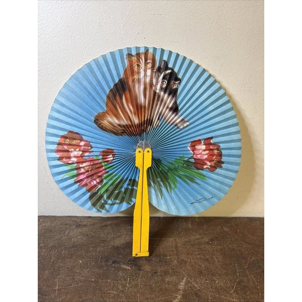 Vintage Folded Paper Fan With Cats Made In The People's Republic Of China Kitten